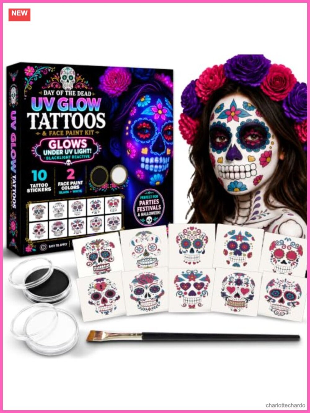 Day of the Dead Temporary Tattoo Kit Water-Resistant Halloween Face Paint